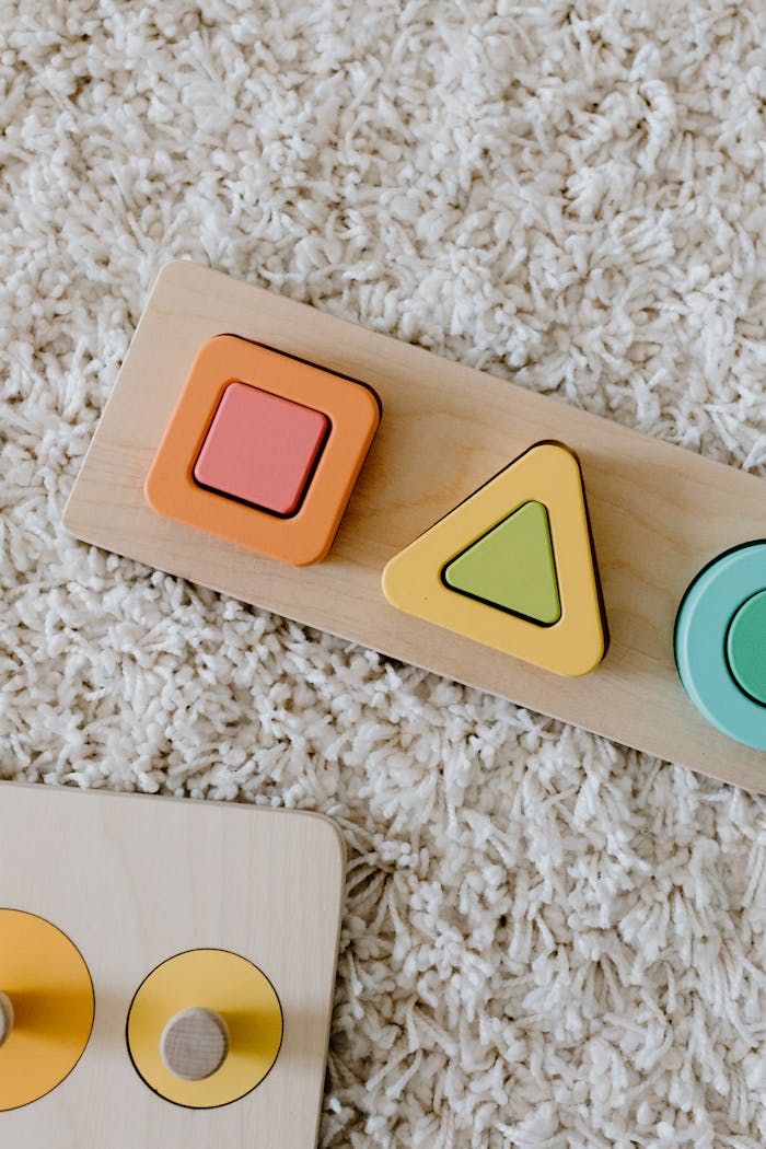 Home Close-up of colorful wooden educational toys on a textured carpet.