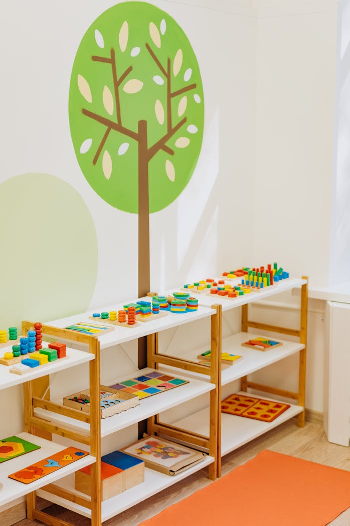 Home Brightly colored educational toys neatly arranged on open shelves in a kindergarten classroom.